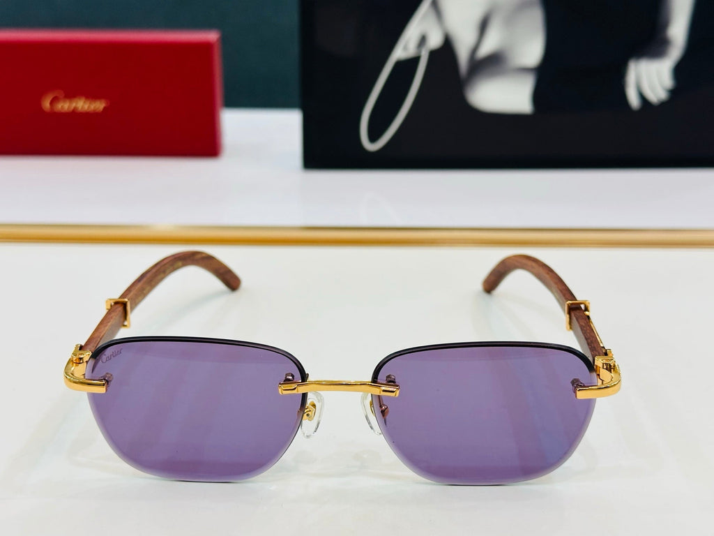 CARTIER C DE RIMLESS SQUARE FRAME SUNGLASSES CT0605S IN METAL AND WOODEN