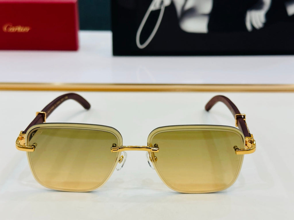 CARTIER C DE RIMLESS RECTANGULAR FRAME SUNGLASSES CT0607S IN METAL AND WOODEN